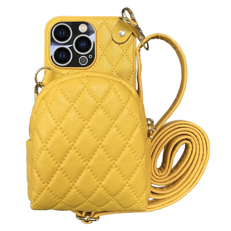 For iPhone 13 Pro 6.1 inch Imprinted Rhombus Pattern PU Leather Coated PC Phone Case Crossbody Strap Zipper Cover with Card Holder