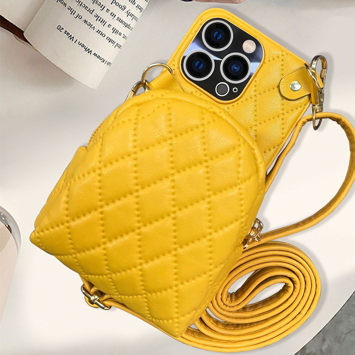 For iPhone 13 Pro 6.1 inch Imprinted Rhombus Pattern PU Leather Coated PC Phone Case Crossbody Strap Zipper Cover with Card Holder