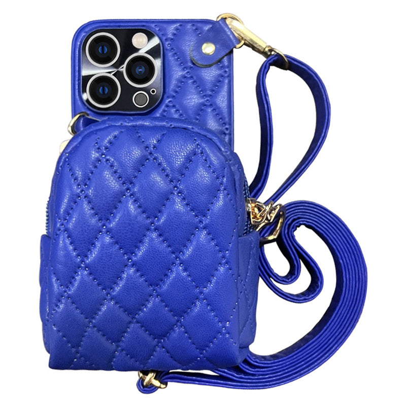 For iPhone 13 Pro 6.1 inch Imprinted Rhombus Pattern PU Leather Coated PC Phone Case Crossbody Strap Zipper Cover with Card Holder