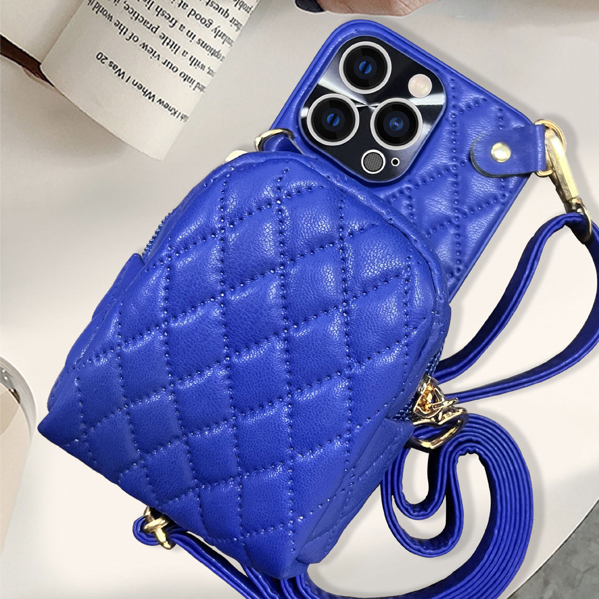 For iPhone 13 Pro 6.1 inch Imprinted Rhombus Pattern PU Leather Coated PC Phone Case Crossbody Strap Zipper Cover with Card Holder