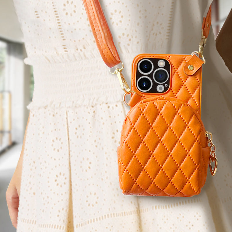 For iPhone 13 Pro 6.1 inch Imprinted Rhombus Pattern PU Leather Coated PC Phone Case Crossbody Strap Zipper Cover with Card Holder