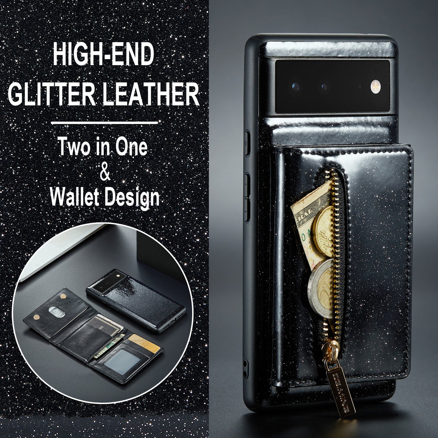 DG.MING M3 Series For Google Pixel 6a Glitter Bling Powder PU Leather Anti-scratch Magnetic Phone Cover PC+TPU Kickstand Zipper Pocket Wallet Smartphone Case