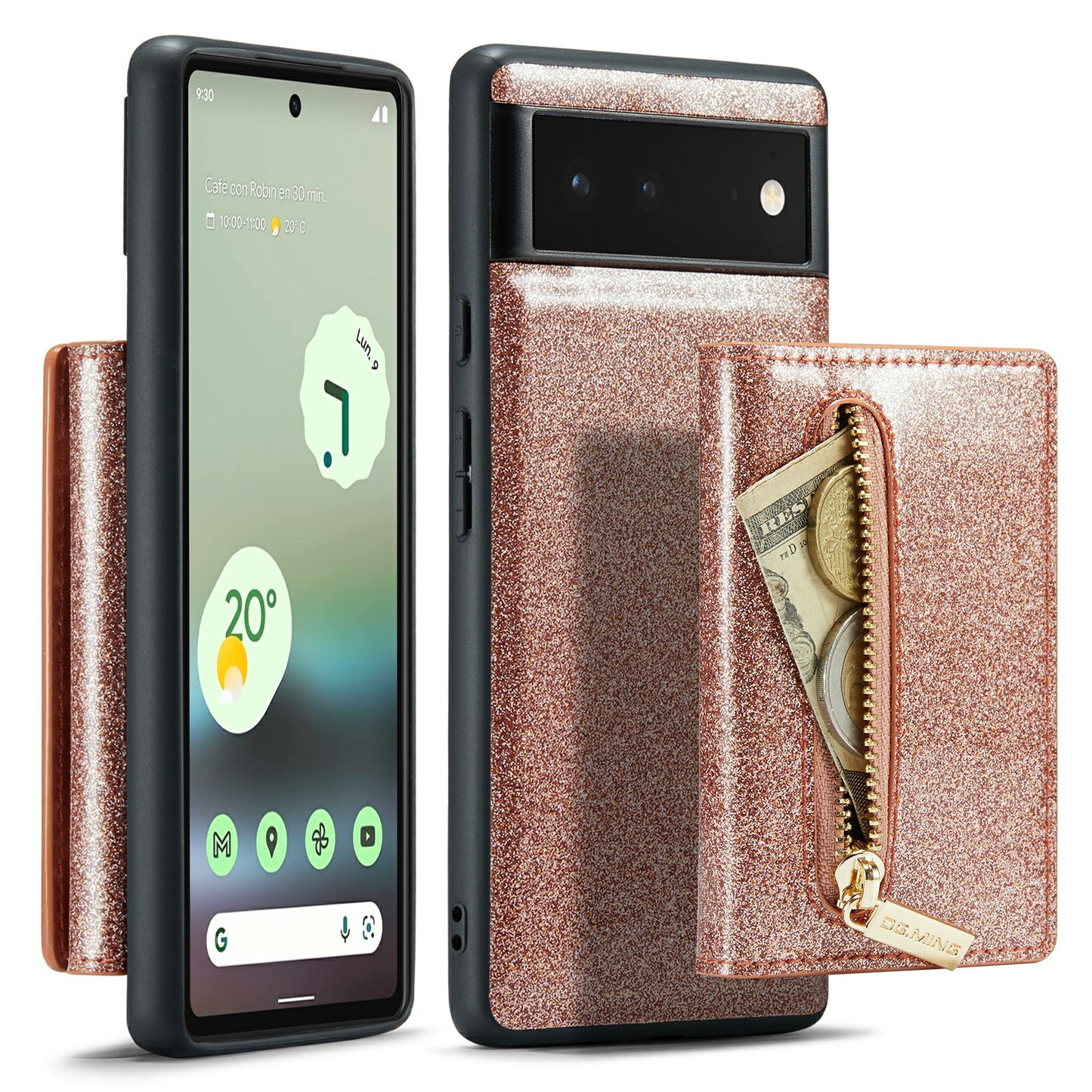 DG.MING M3 Series For Google Pixel 6a Glitter Bling Powder PU Leather Anti-scratch Magnetic Phone Cover PC+TPU Kickstand Zipper Pocket Wallet Smartphone Case