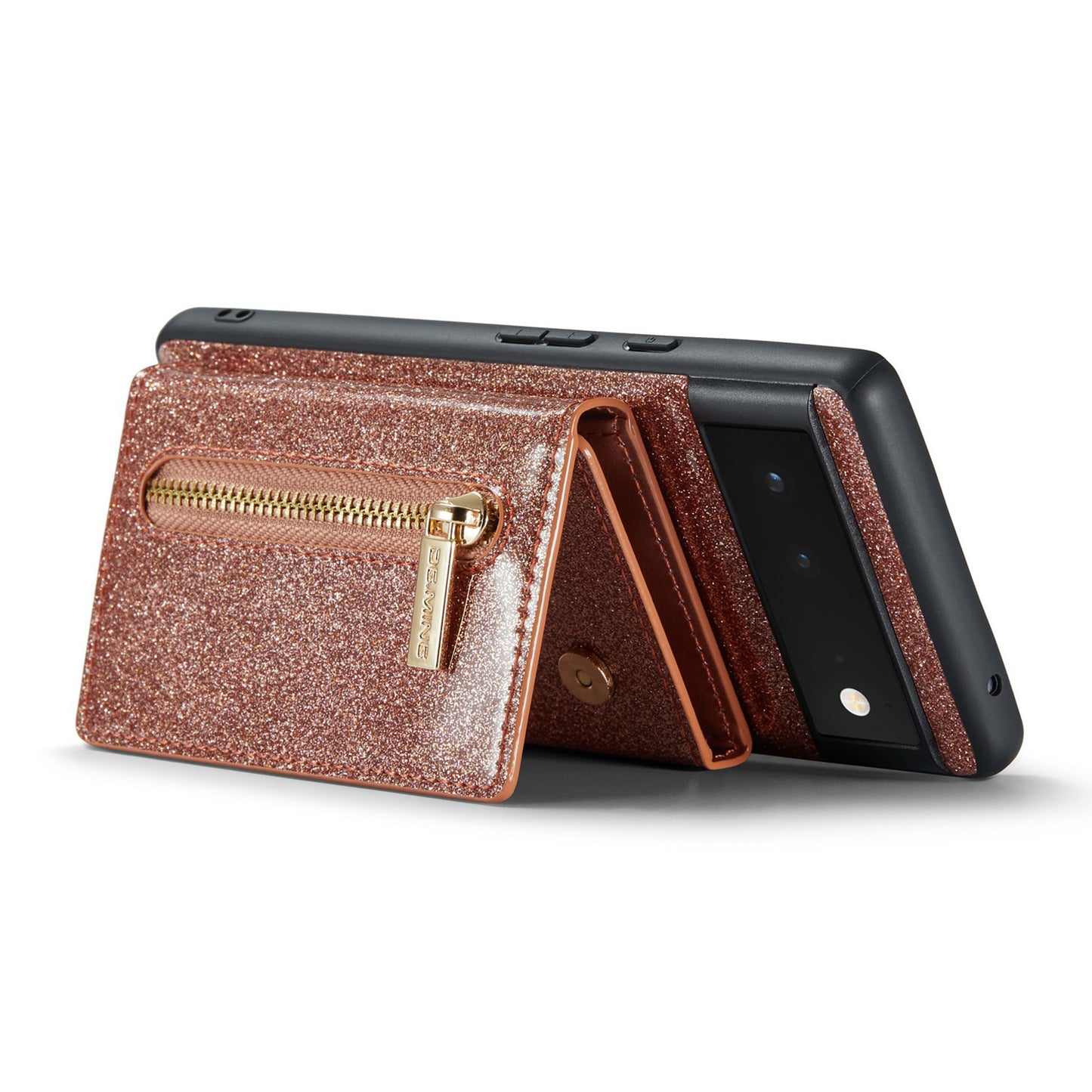 DG.MING M3 Series For Google Pixel 6a Glitter Bling Powder PU Leather Anti-scratch Magnetic Phone Cover PC+TPU Kickstand Zipper Pocket Wallet Smartphone Case