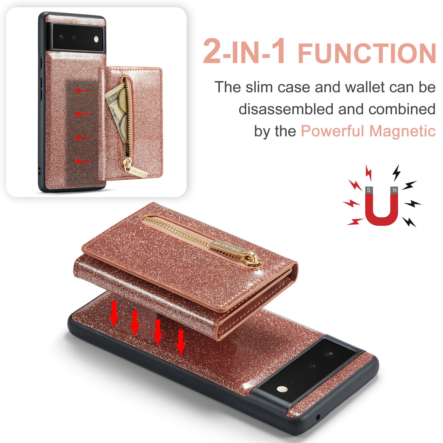 DG.MING M3 Series For Google Pixel 6a Glitter Bling Powder PU Leather Anti-scratch Magnetic Phone Cover PC+TPU Kickstand Zipper Pocket Wallet Smartphone Case