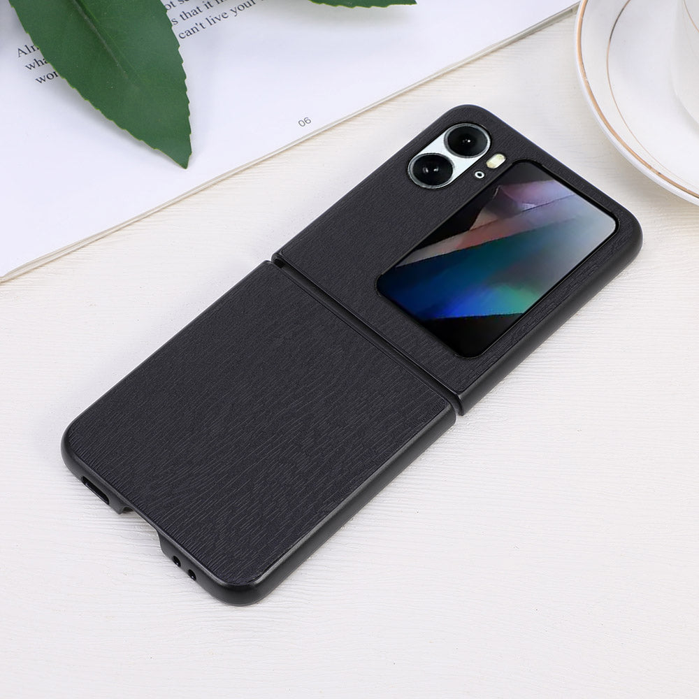 For Oppo Find N2 Flip 5G Wood Texture Folding Phone Case PU Leather Coated Soft TPU + Hard PC Hybrid Protective Cover