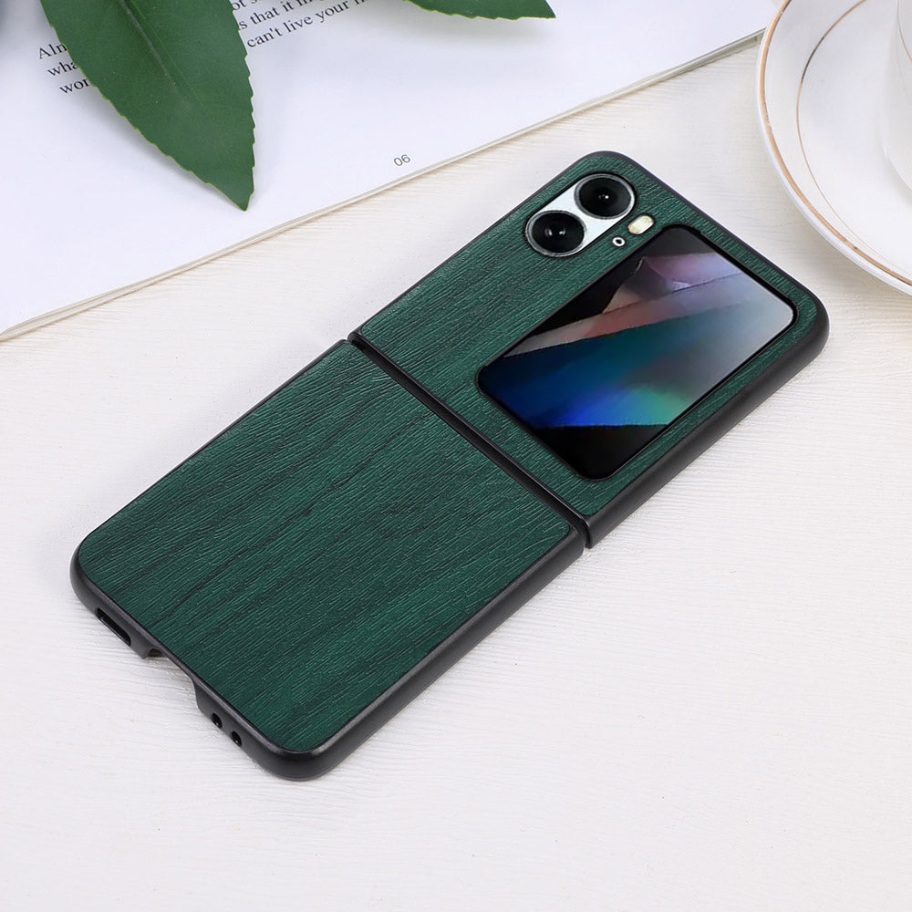 For Oppo Find N2 Flip 5G Wood Texture Folding Phone Case PU Leather Coated Soft TPU + Hard PC Hybrid Protective Cover