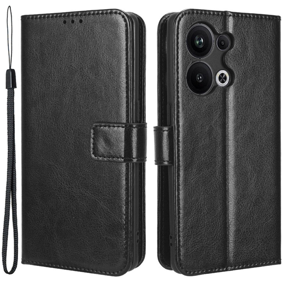 For Oppo Reno9 Pro+ 5G Crazy Horse Texture Magnetic Cell Phone Case Flip Wallet Stand Bump Proof PU Leather Phone Cover with Strap