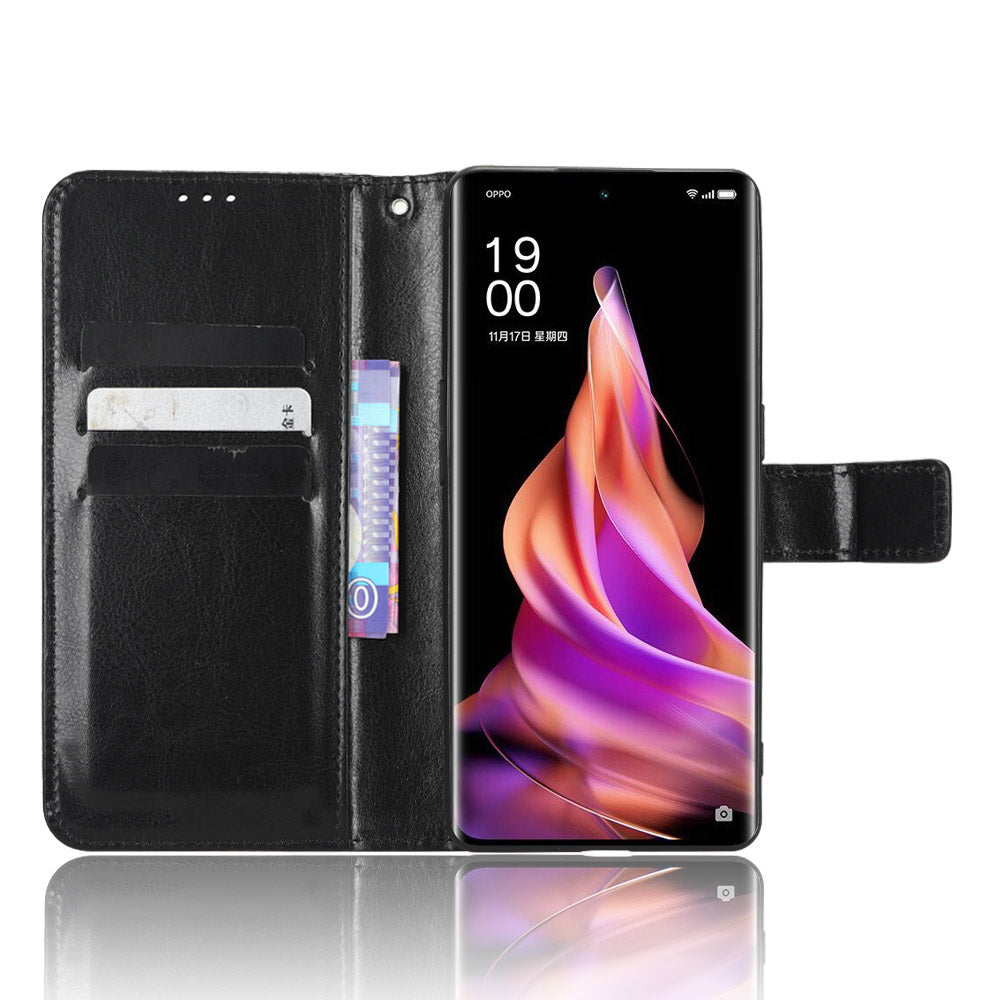 For Oppo Reno9 Pro+ 5G Crazy Horse Texture Magnetic Cell Phone Case Flip Wallet Stand Bump Proof PU Leather Phone Cover with Strap