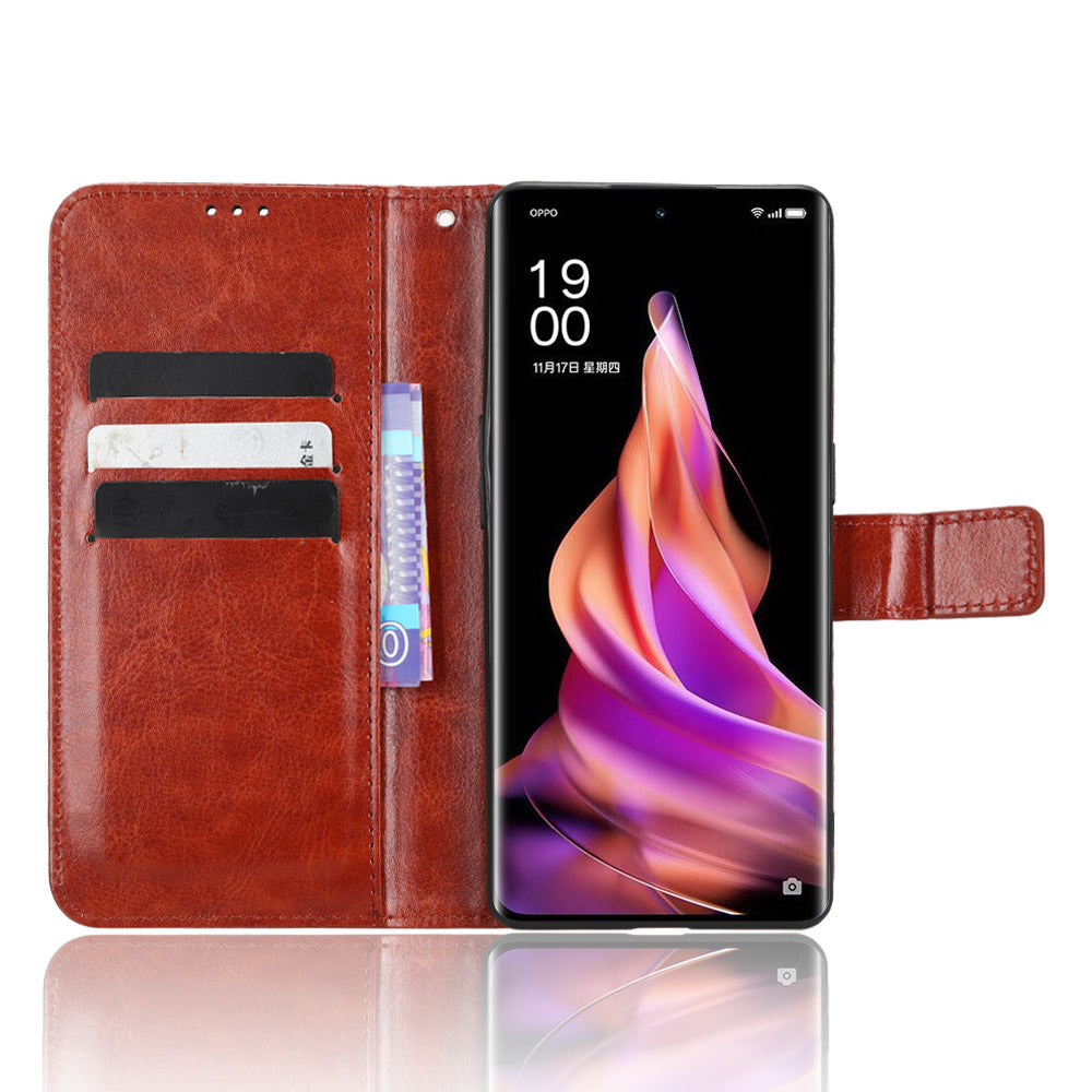 For Oppo Reno9 Pro+ 5G Crazy Horse Texture Magnetic Cell Phone Case Flip Wallet Stand Bump Proof PU Leather Phone Cover with Strap