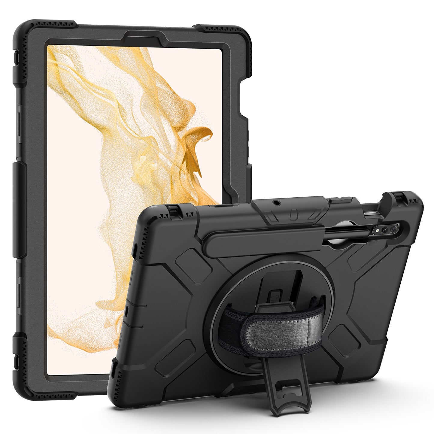 For Samsung Galaxy Tab S8 Kickstand PC + Silicone Hybrid Case Hand Strap Tablet Cover with Shoulder Strap