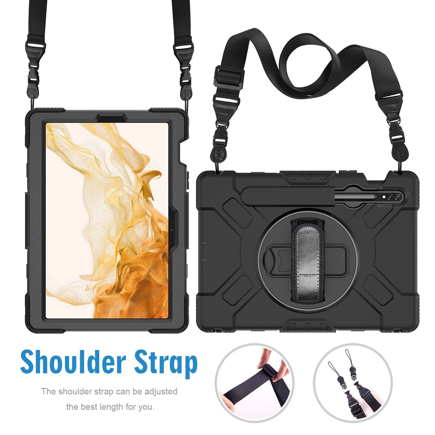For Samsung Galaxy Tab S8 Kickstand PC + Silicone Hybrid Case Hand Strap Tablet Cover with Shoulder Strap
