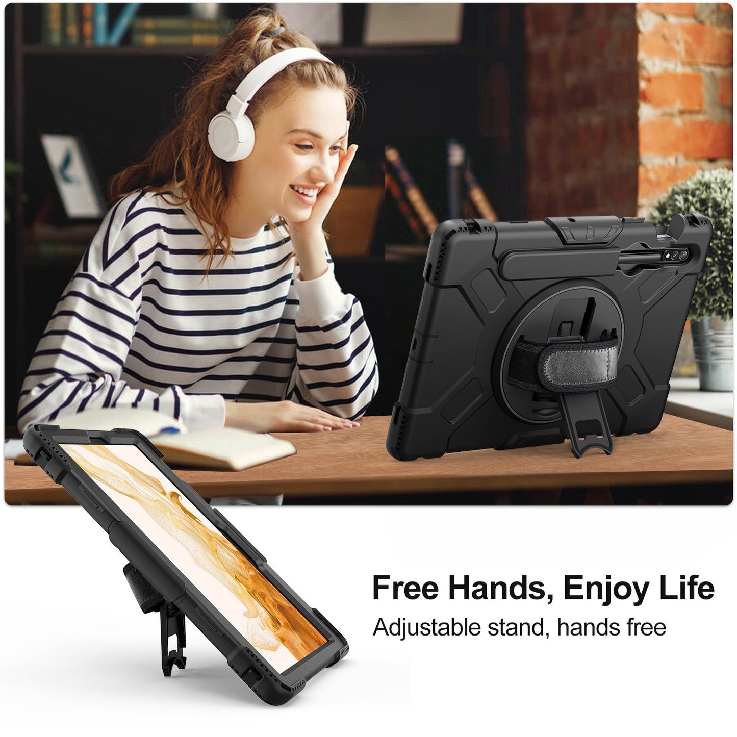 For Samsung Galaxy Tab S8 Kickstand PC + Silicone Hybrid Case Hand Strap Tablet Cover with Shoulder Strap
