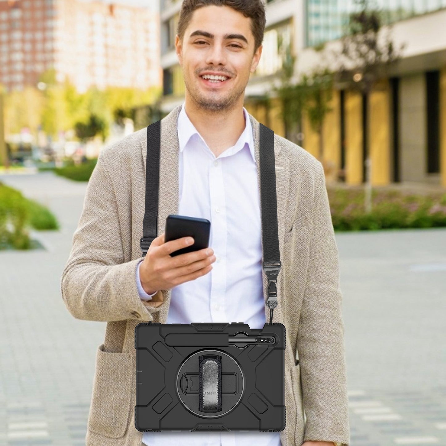 For Samsung Galaxy Tab S8 Kickstand PC + Silicone Hybrid Case Hand Strap Tablet Cover with Shoulder Strap
