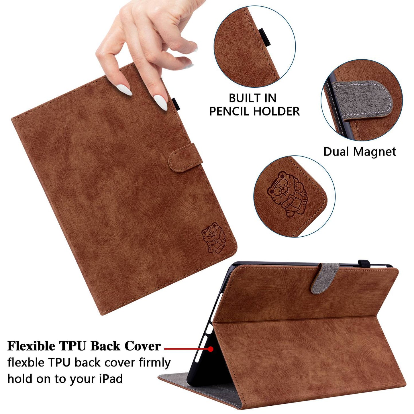 For iPad Air (2020) / (2022) / Pro 11-inch (2018) / (2020) / (2021) Anti-Fall Case Cute Tiger Pattern Imprinted TPU+PU Leather Cover with Stand / Card Slot, Auto Wake / Sleep Tablet Case