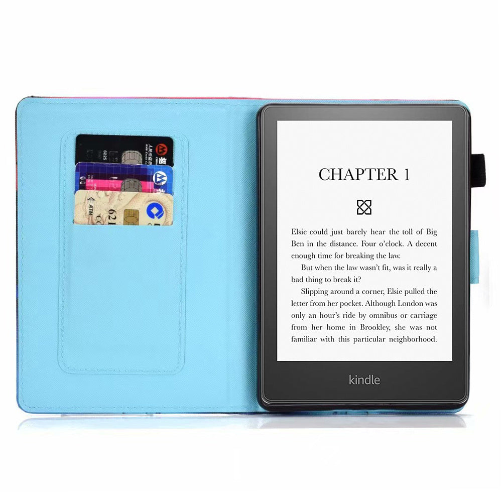 Anti-scratch Tablet Case for Amazon Kindle Paperwhite 5 (2021), Adjustable Stand Stitching Pattern Printing PU Leather Card Holder Protective Tablet Cover