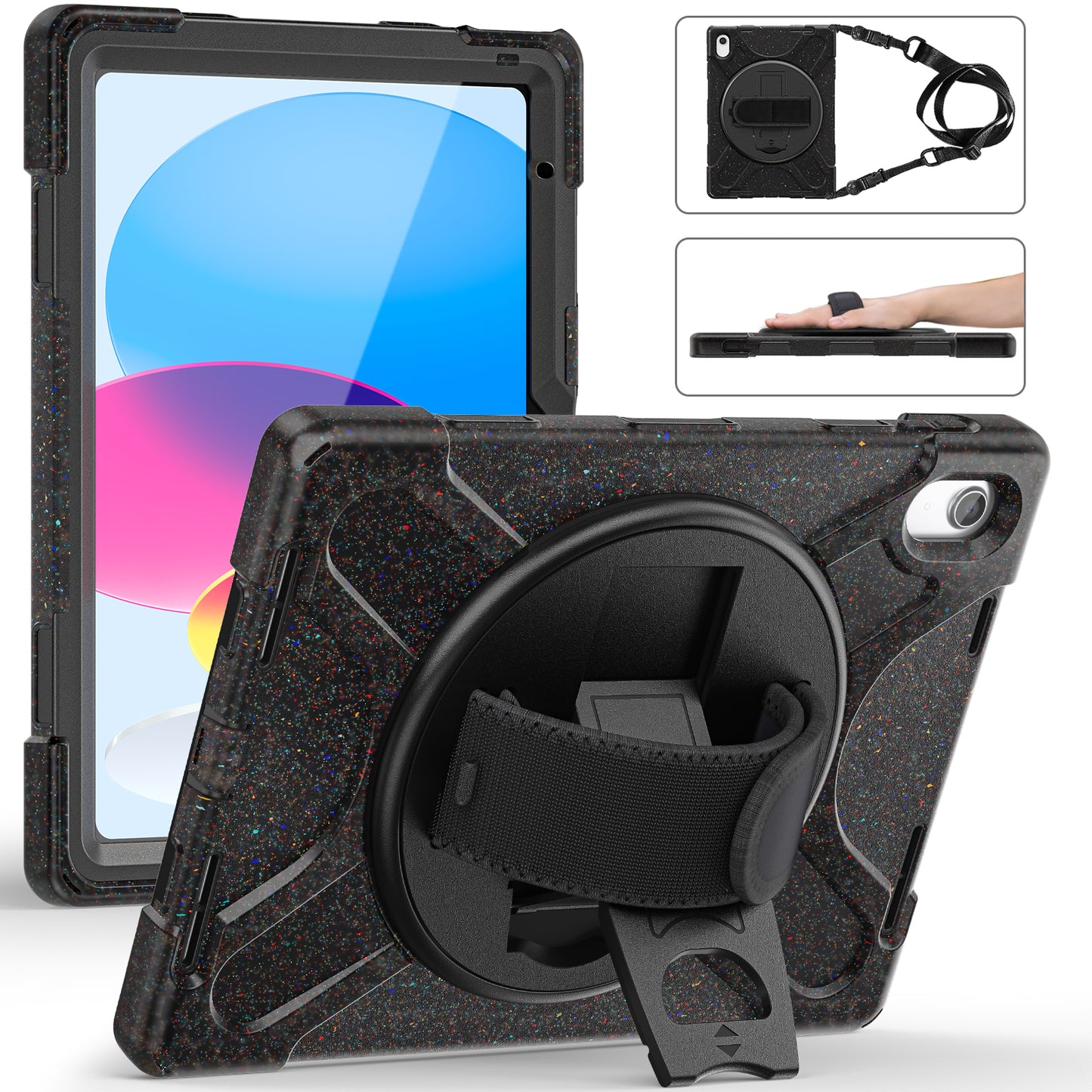 For iPad 10.9 (2022) Shockproof Case Kickstand Anti-Drop Tablet Case PC + Silicone Protective Cover with Hand Strap / Shoulder Strap