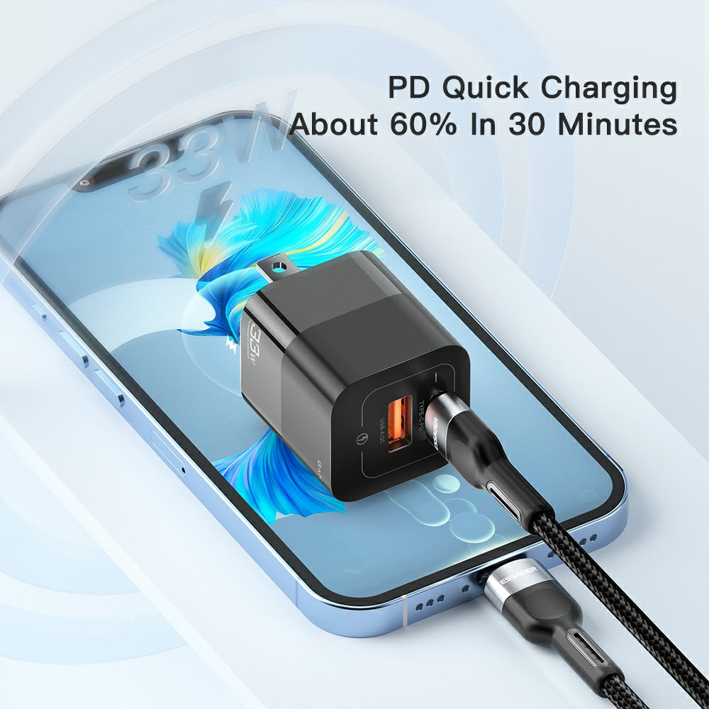 ESSAGER 33W GaN Wall Charger Portable Charger Block with USB-A+Type-C Dual Ports Mobile Phone Fast Charging Adapter