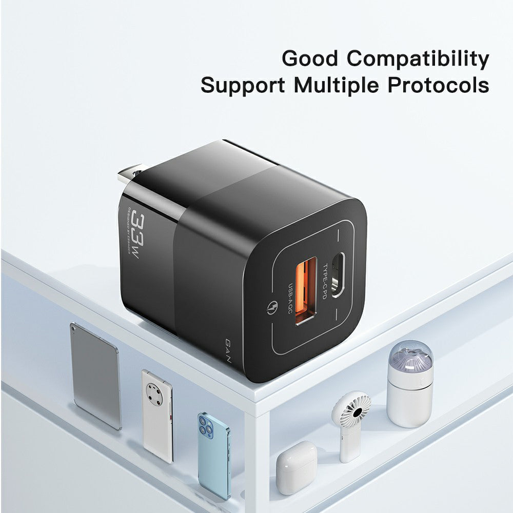 ESSAGER 33W GaN Wall Charger Portable Charger Block with USB-A+Type-C Dual Ports Mobile Phone Fast Charging Adapter