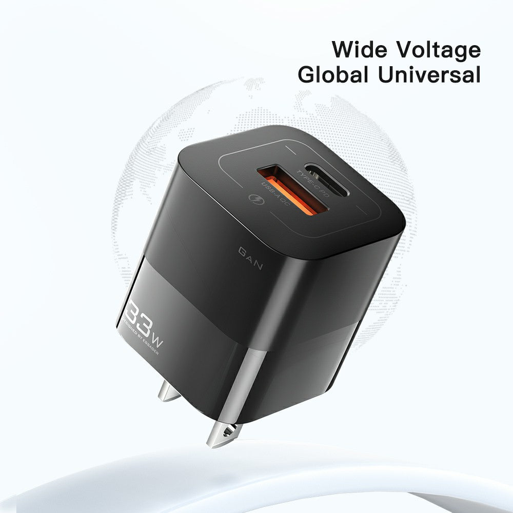 ESSAGER 33W GaN Wall Charger Portable Charger Block with USB-A+Type-C Dual Ports Mobile Phone Fast Charging Adapter