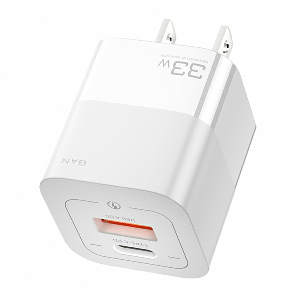 ESSAGER 33W GaN Wall Charger Portable Charger Block with USB-A+Type-C Dual Ports Mobile Phone Fast Charging Adapter