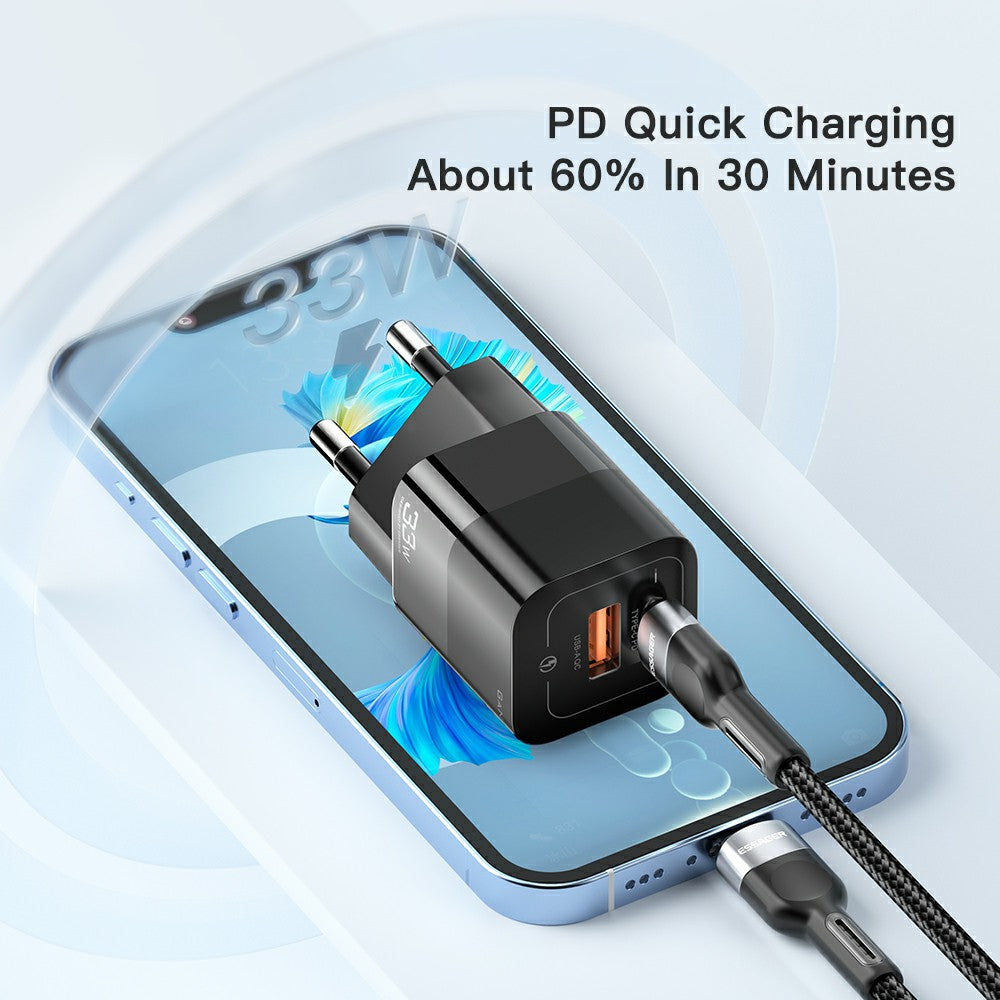 ESSAGER 33W GaN Wall Charger Portable Charger Block with USB-A+Type-C Dual Ports Mobile Phone Fast Charging Adapter