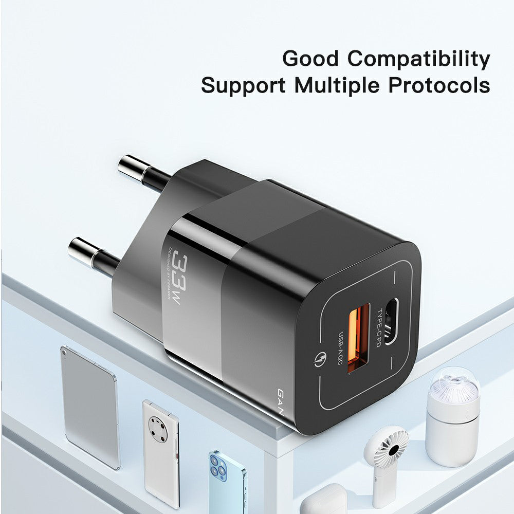 ESSAGER 33W GaN Wall Charger Portable Charger Block with USB-A+Type-C Dual Ports Mobile Phone Fast Charging Adapter