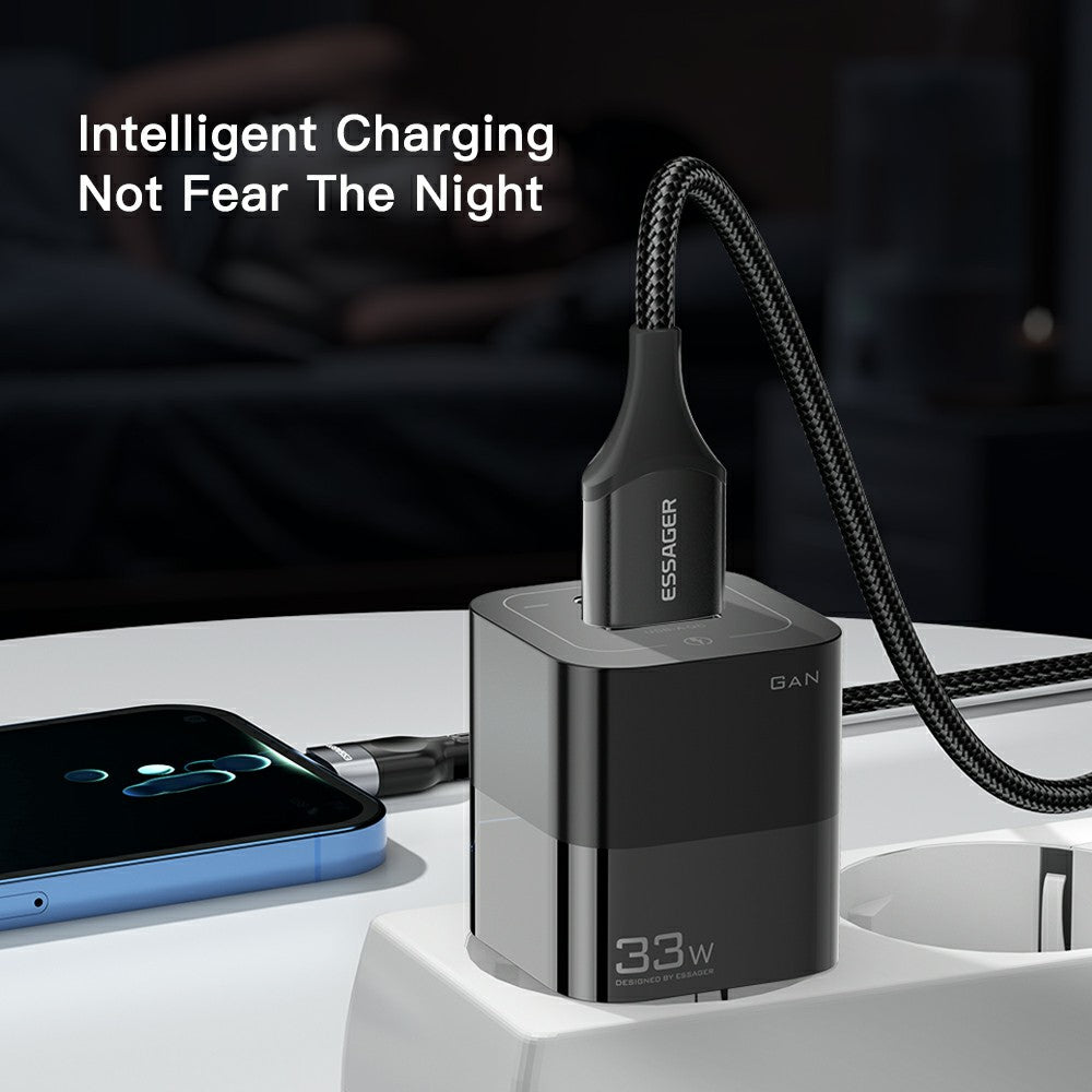 ESSAGER 33W GaN Wall Charger Portable Charger Block with USB-A+Type-C Dual Ports Mobile Phone Fast Charging Adapter