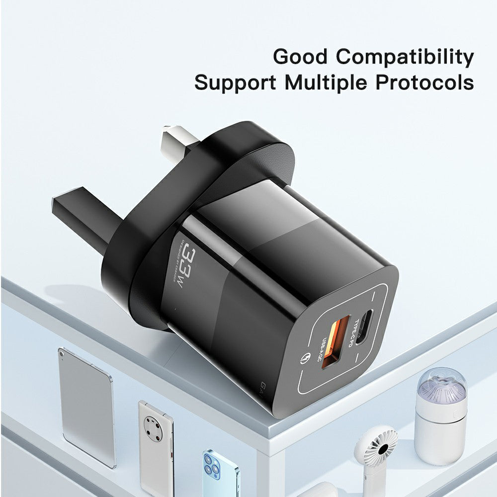 ESSAGER 33W GaN Wall Charger Portable Charger Block with USB-A+Type-C Dual Ports Mobile Phone Fast Charging Adapter