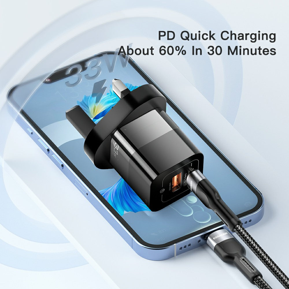 ESSAGER 33W GaN Wall Charger Portable Charger Block with USB-A+Type-C Dual Ports Mobile Phone Fast Charging Adapter