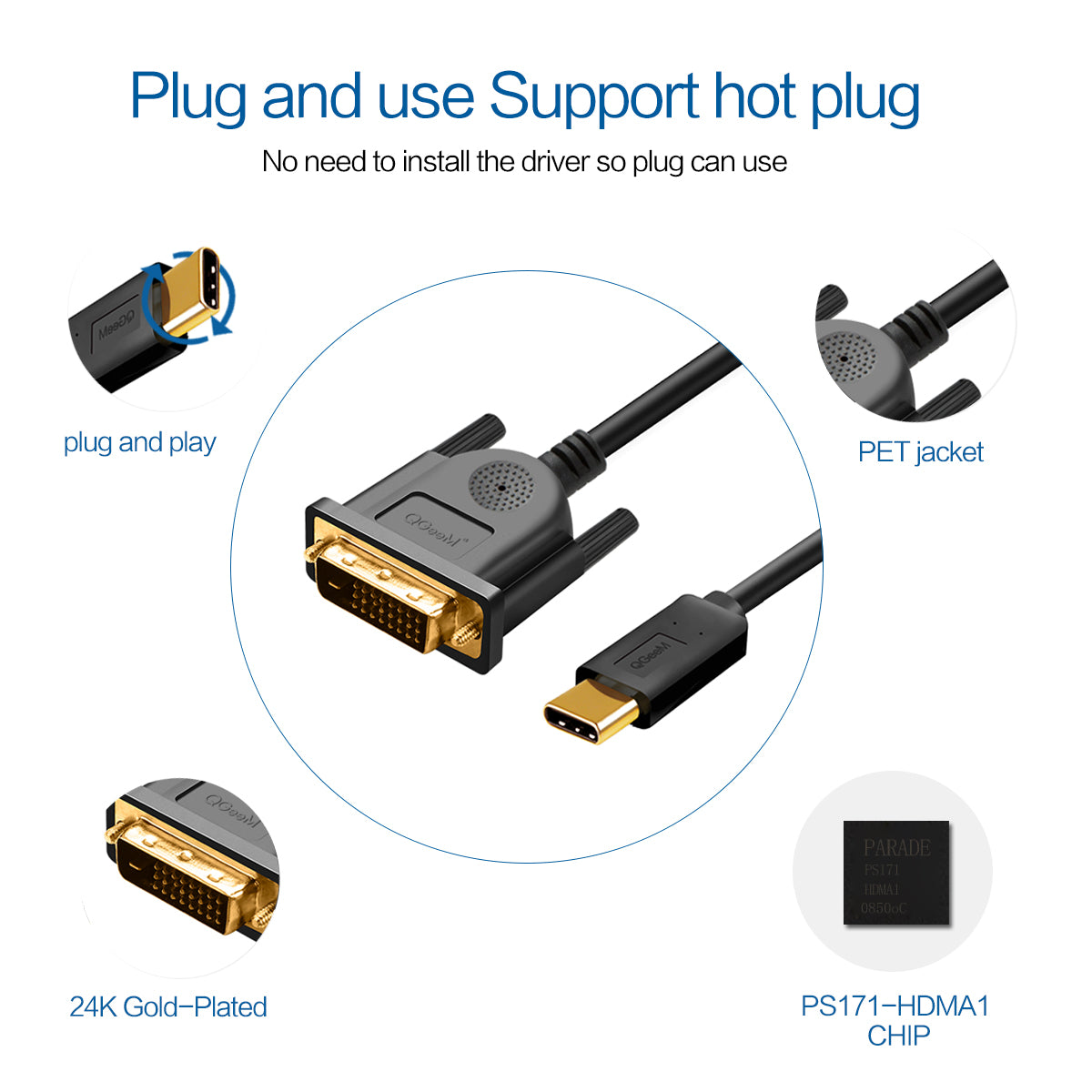 QGEEM UA18 1.8m USB-C to DVI Adapter Cable 4K Type-C to DVI(24+1) Male HD Video Conversion Cable
