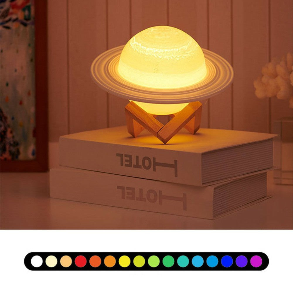 15cm Saturn Lamp with Wood Stand 16 Colors LED 3D Print Decor USB Rechargeable Remote & Touch Control Nursery Night Light