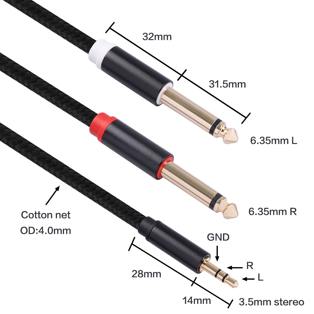 3.5mm to Double 6.35mm Aux Cable 2 Mono 6.35 Jack to 3.5 Male Audio Cable 2m for Phone to Mixer Amplifier
