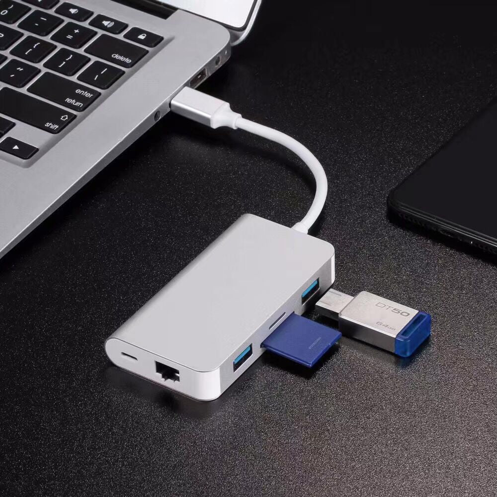 CY UC-089 6-in-1 USB-C Type-C to RJ45 + USB3.0*2 Ports Hub + TF/SD Card Reader + Type-C Charger Multiport Adapter
