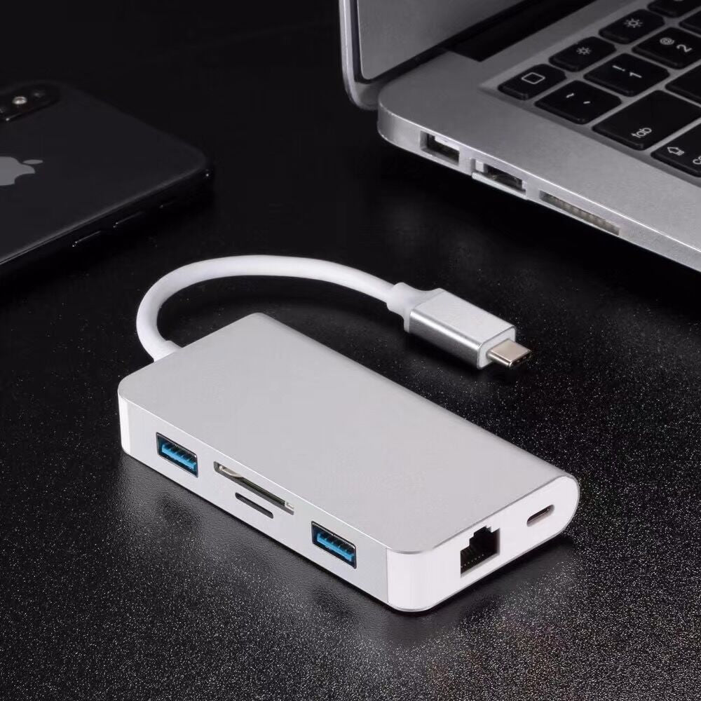 CY UC-089 6-in-1 USB-C Type-C to RJ45 + USB3.0*2 Ports Hub + TF/SD Card Reader + Type-C Charger Multiport Adapter