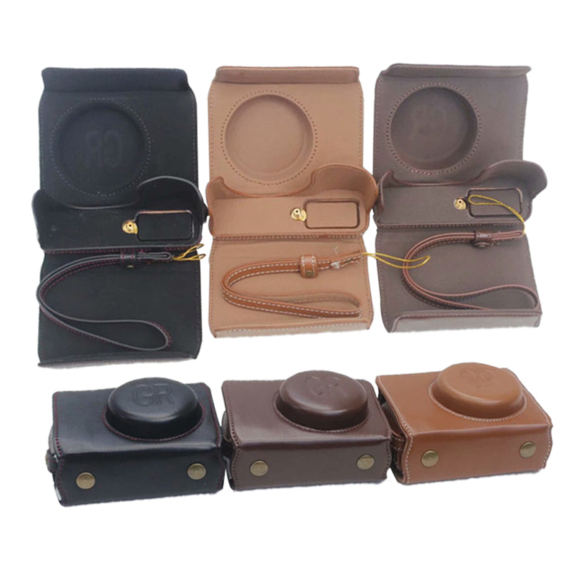 Detachable Battery Opening Design PU Leather Camera Bag Protective Cover with Hand Strap for Ricoh GR III