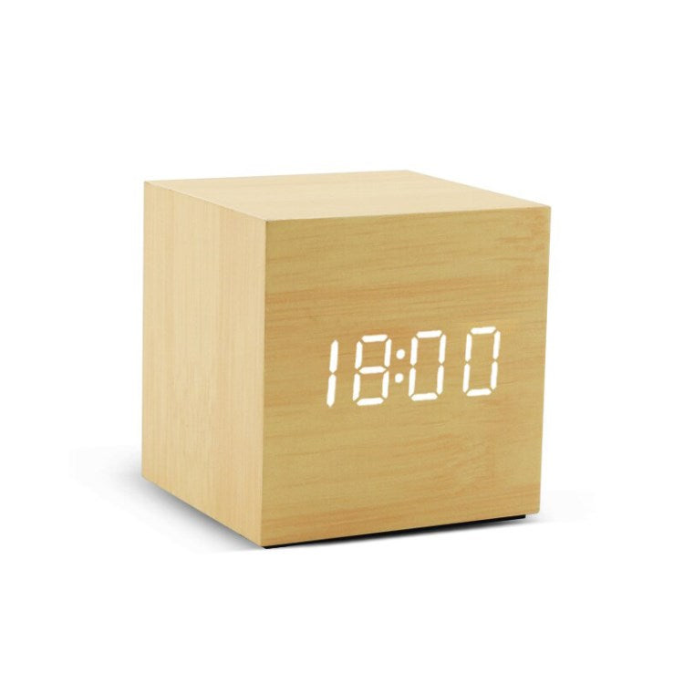 Digital Alarm Clock Wooden Electronic LED Voice Actived Temperature Display Desk Clock