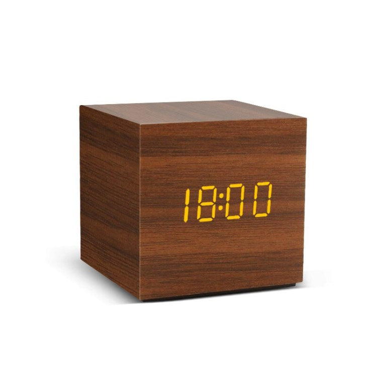 Digital Alarm Clock Wooden Electronic LED Voice Actived Temperature Display Desk Clock