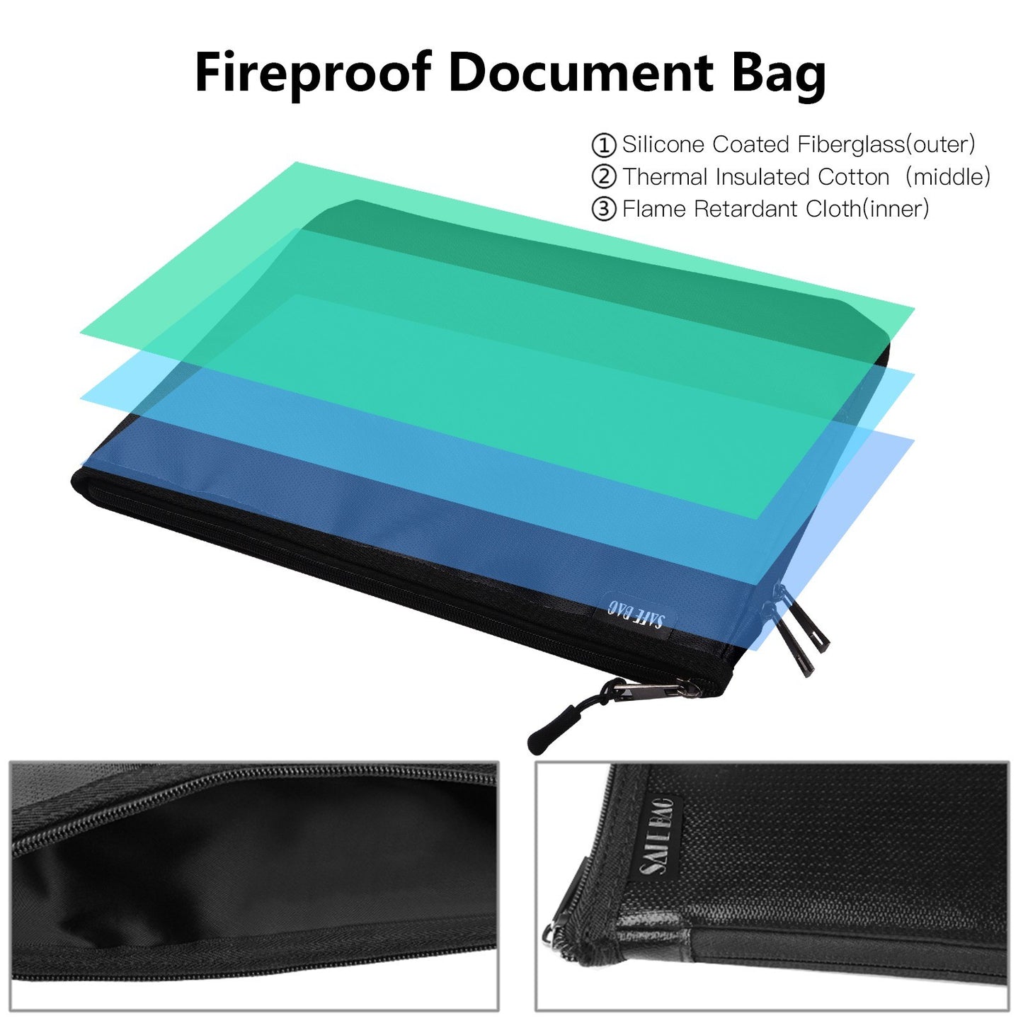 Fireproof Safe Money Bag Water Resistant Expandable Document Bag File Folder Storage Pouch Holder with Zipper Space for A4 File Documents Cash Jewelry Passport