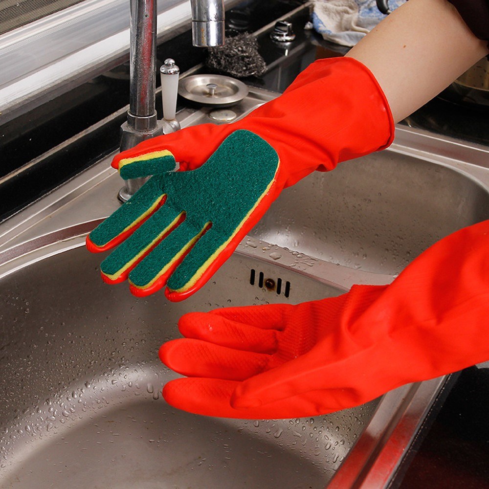 1 Pair Household Cleaning Gloves Home Kitchen Dishwashing Sponge Fingers Rubber Cleaning Gloves