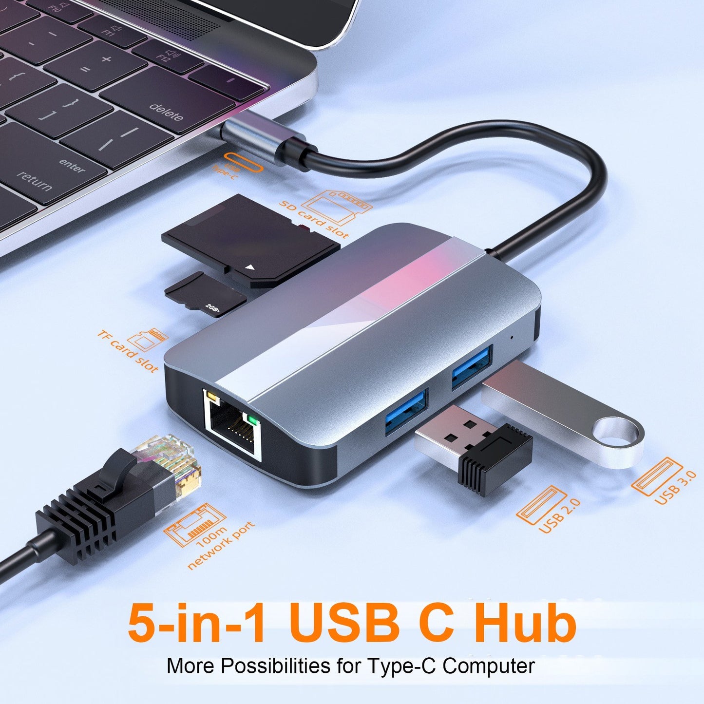 5-in-1 Portable USB C Hub Adapter Multi-port Type-C Docking Station with Memory/TF Card Reader/RJ45 Ethernet/USB 3.0/USB 2.0 for MacBook MateBook HUAWEI Samsung