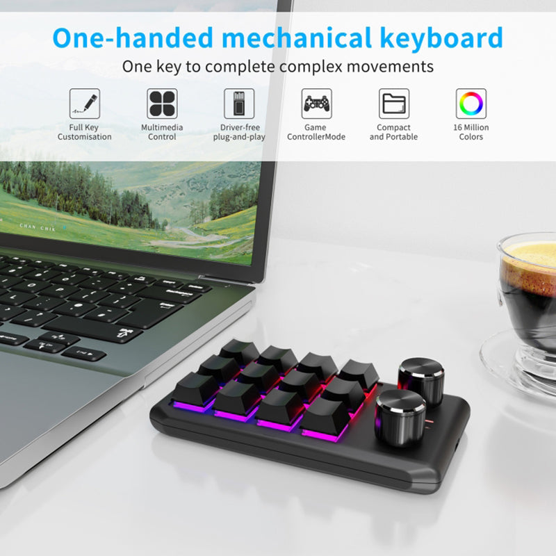 Bluetooth Wireless Gaming Programmable Keyboard One-Hand Operation 12 Keys 2 Knobs Mechanical Keypad with LED Lighting