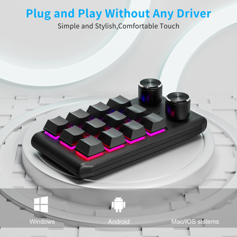 Bluetooth Wireless Gaming Programmable Keyboard One-Hand Operation 12 Keys 2 Knobs Mechanical Keypad with LED Lighting