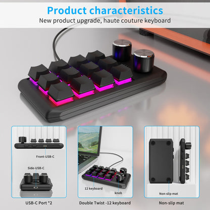 Bluetooth Wireless Gaming Programmable Keyboard One-Hand Operation 12 Keys 2 Knobs Mechanical Keypad with LED Lighting
