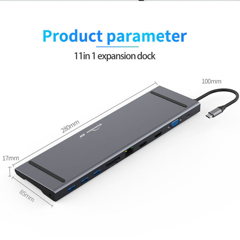 BLUEENDLESS HC1101 Type-C Aluminum Alloy Hub 11-in-1 Docking Station Splitter Dual HD Ports Expander Adapter