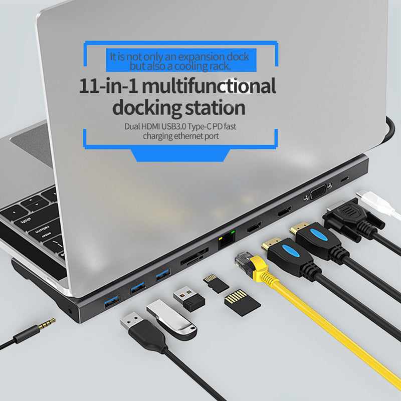 BLUEENDLESS HC1101 Type-C Aluminum Alloy Hub 11-in-1 Docking Station Splitter Dual HD Ports Expander Adapter