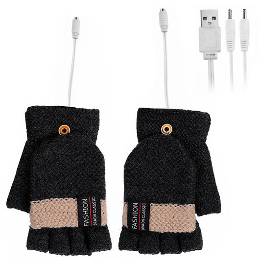 1 Pair USB Electric Heating Warm Gloves Winter Double-side Heated Half Finger Gloves with Flap Lid