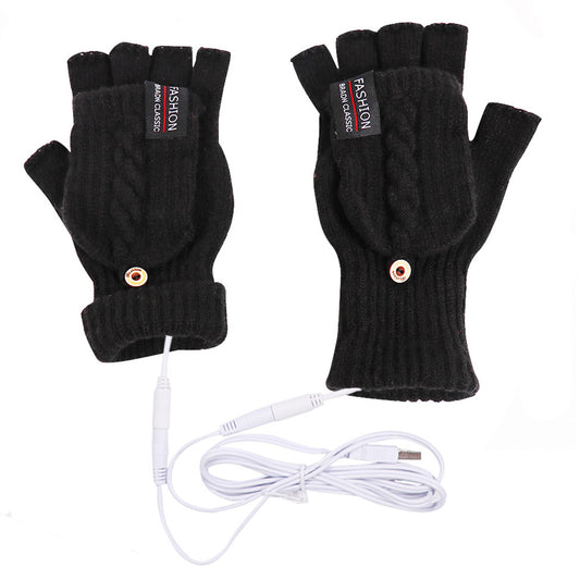 1 Pair USB Electric Heating Winter Gloves Warm Heated Polyester Half Finger Gloves with Flap Cover