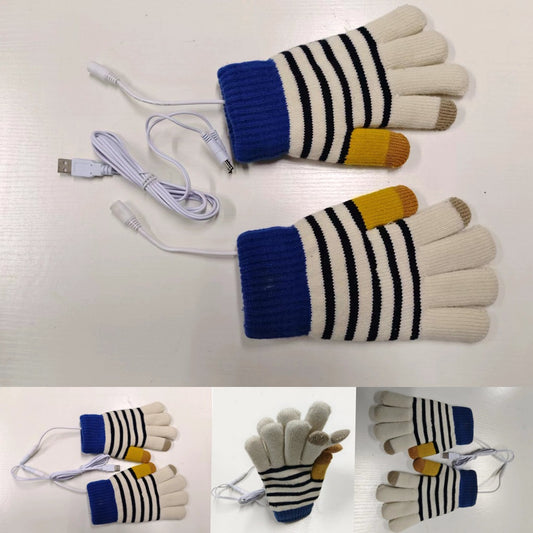 1 Pair Stripe Pattern USB Heated Gloves Heating Fiber Winter Hands Warm Gloves Knitting Full Finger Warmer