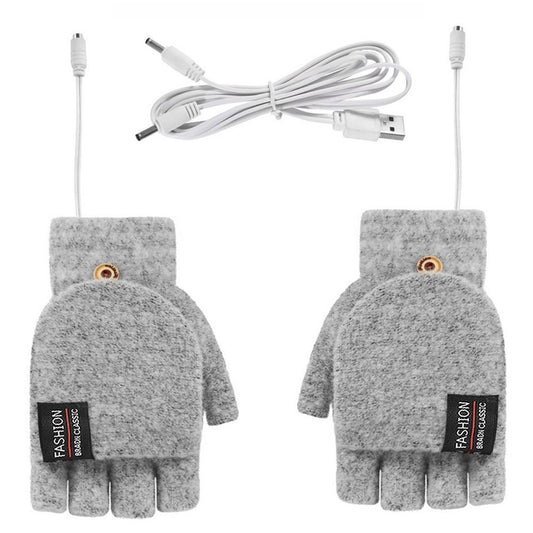 1 Pair USB Electric Heating Winter Gloves Warm Heated Polyester Half Finger Gloves with Flap Lid